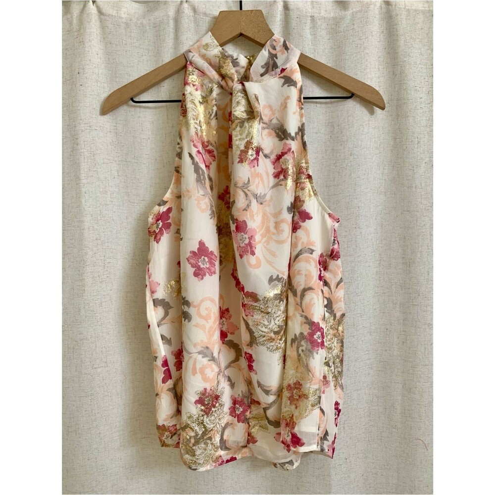 LOFT Ivory Floral Cream Gray Pink Gold Metallic Tie-Neck Halter Blouse M